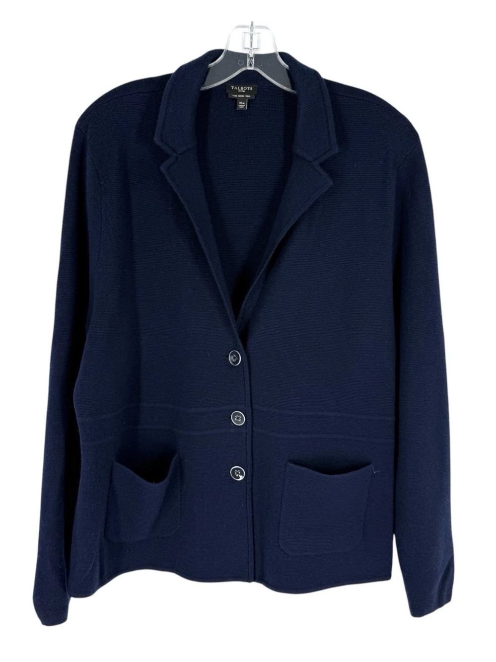Talbots Merino Wool Cardigan Womens Size XL P Navy Blue Textured Knit Blazer
